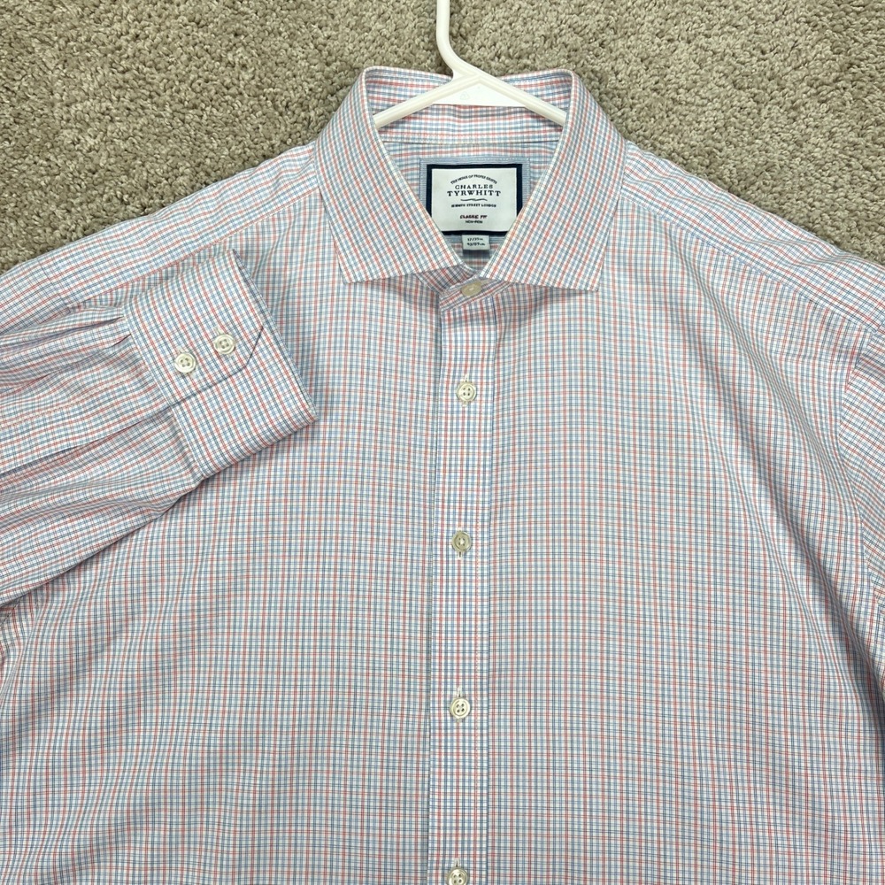 Charles Tyrwhitt Mens Shirt 17 35 Red Blue Check Plaid Classic‎ Fit Non Iron